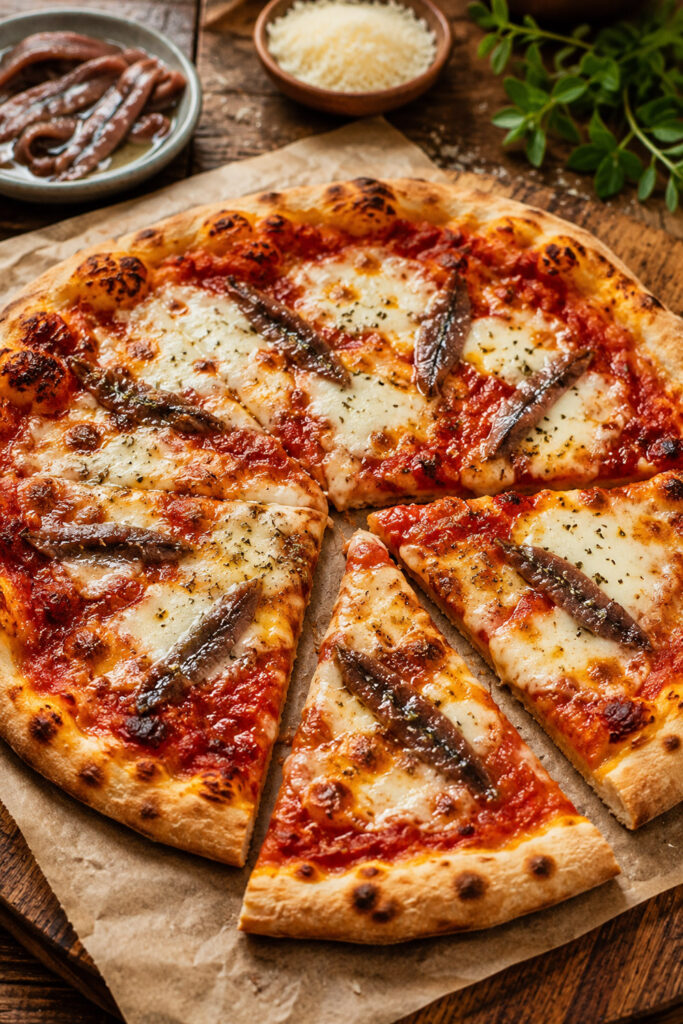Anchovy Pizza with Tomato Sauce and Mozzarella