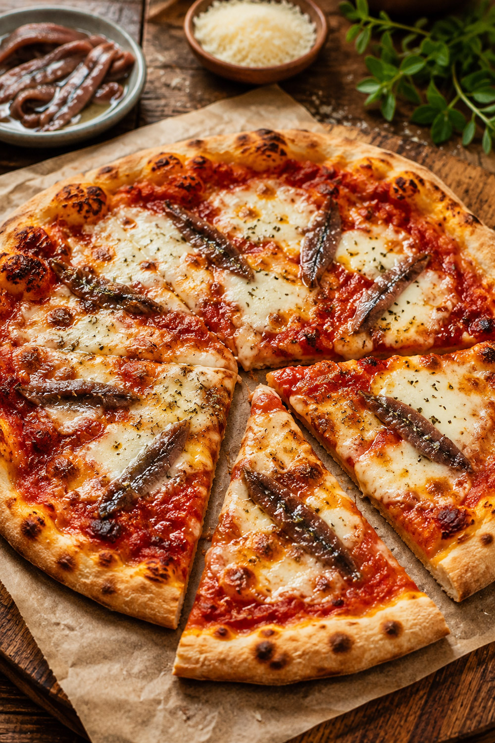 Anchovy Pizza with Tomato Sauce and Mozzarella