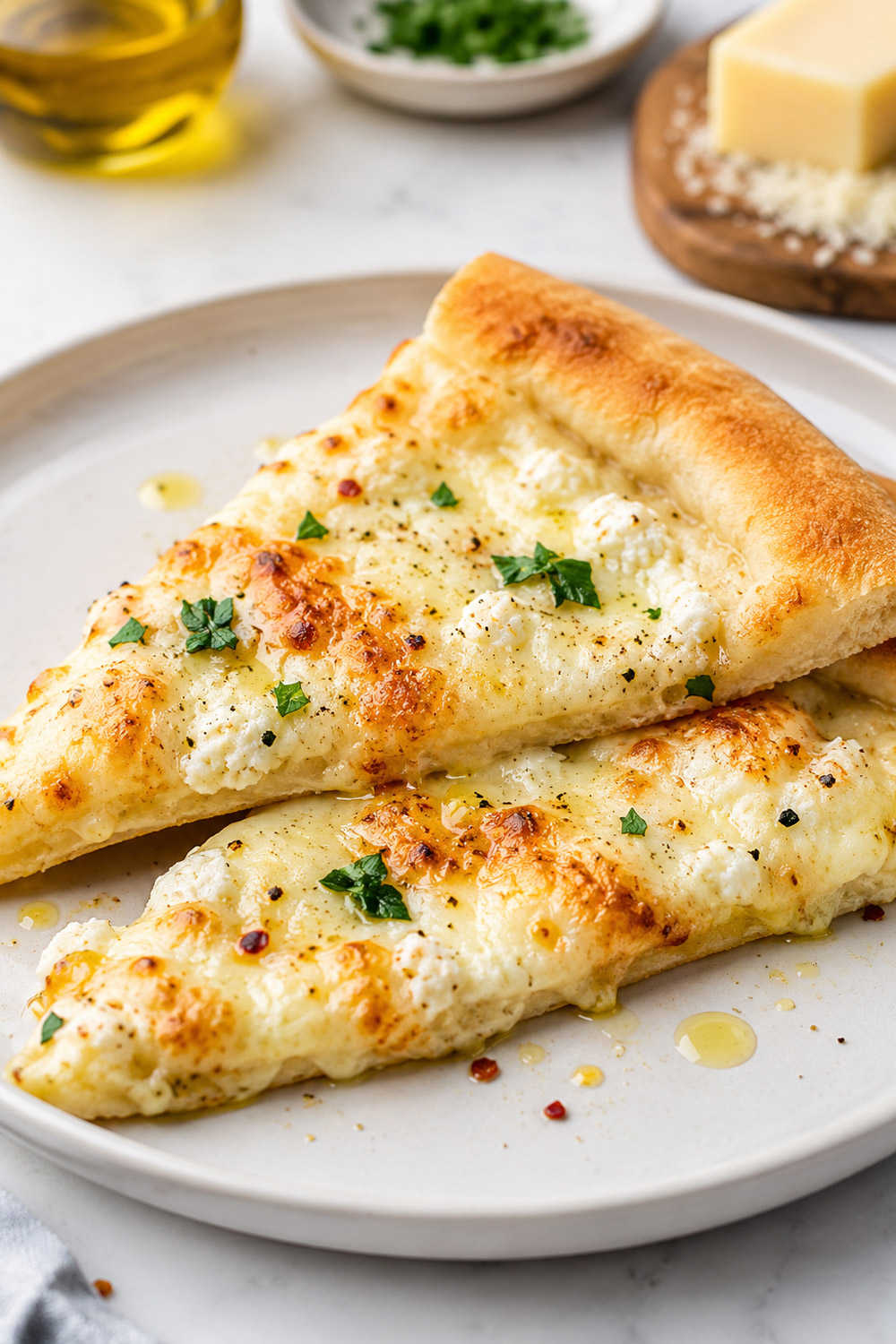 Four Cheese Pizza Recipe with Mozzarella, Provolone, Parmesan and Ricotta