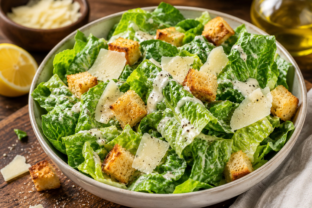 Homemade Caesar Salad with Croutons and Parmesan