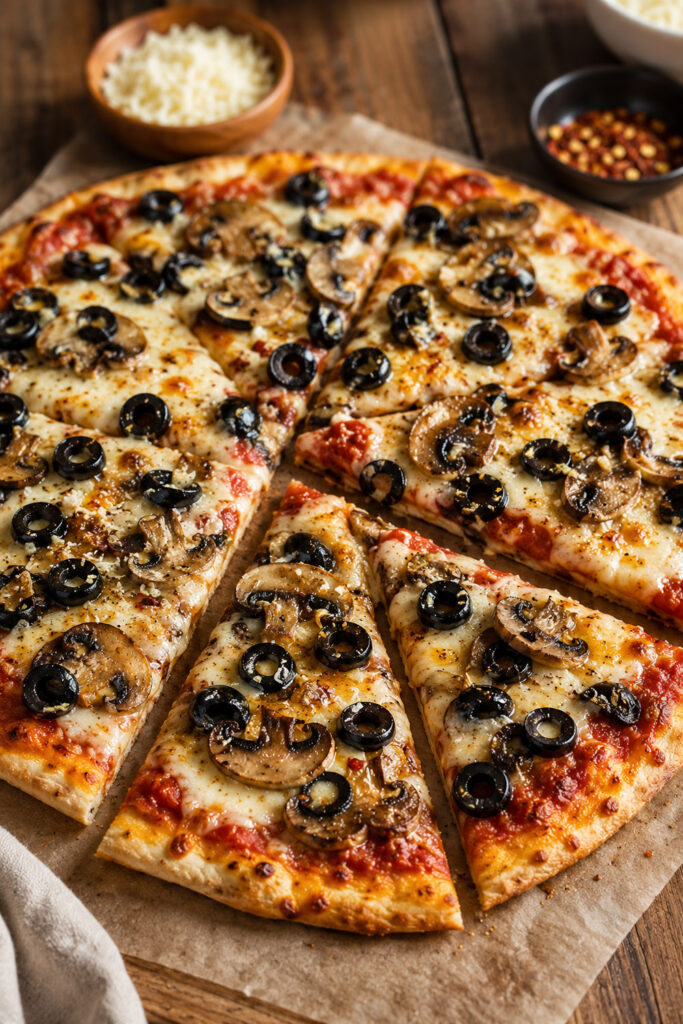black olive and mushroom pizza