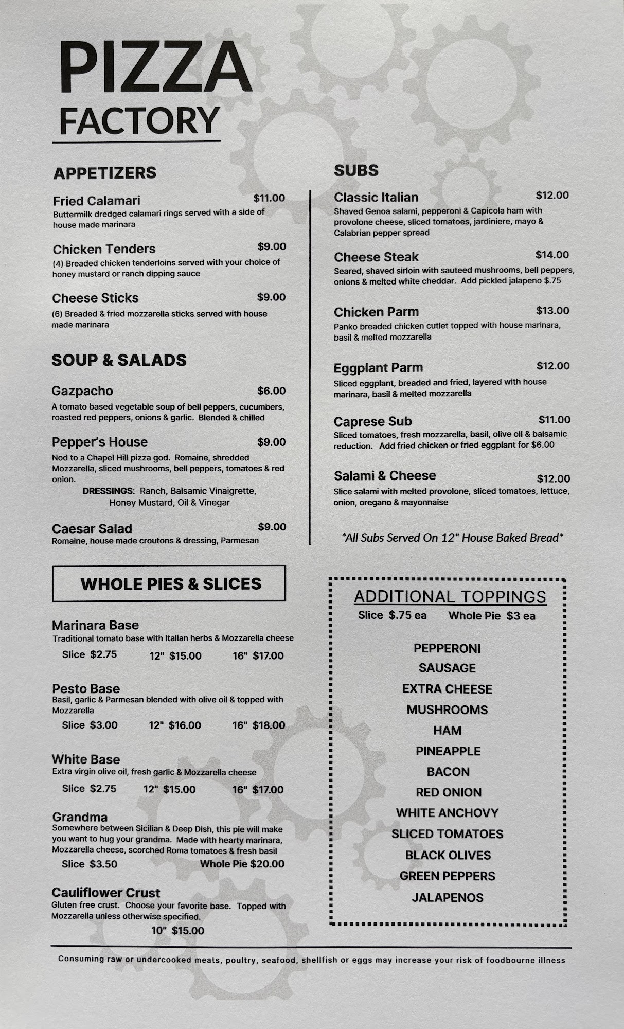 Original Pizza Factory printed menu reference
