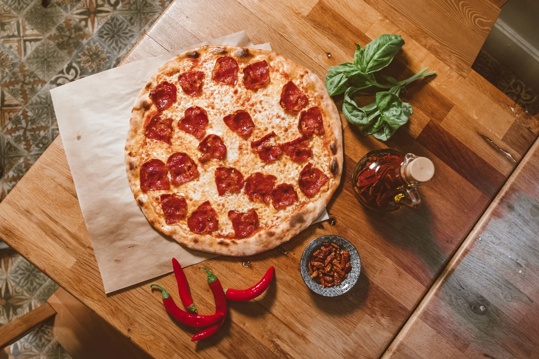 Pepperoni pizza with basil viewed from above